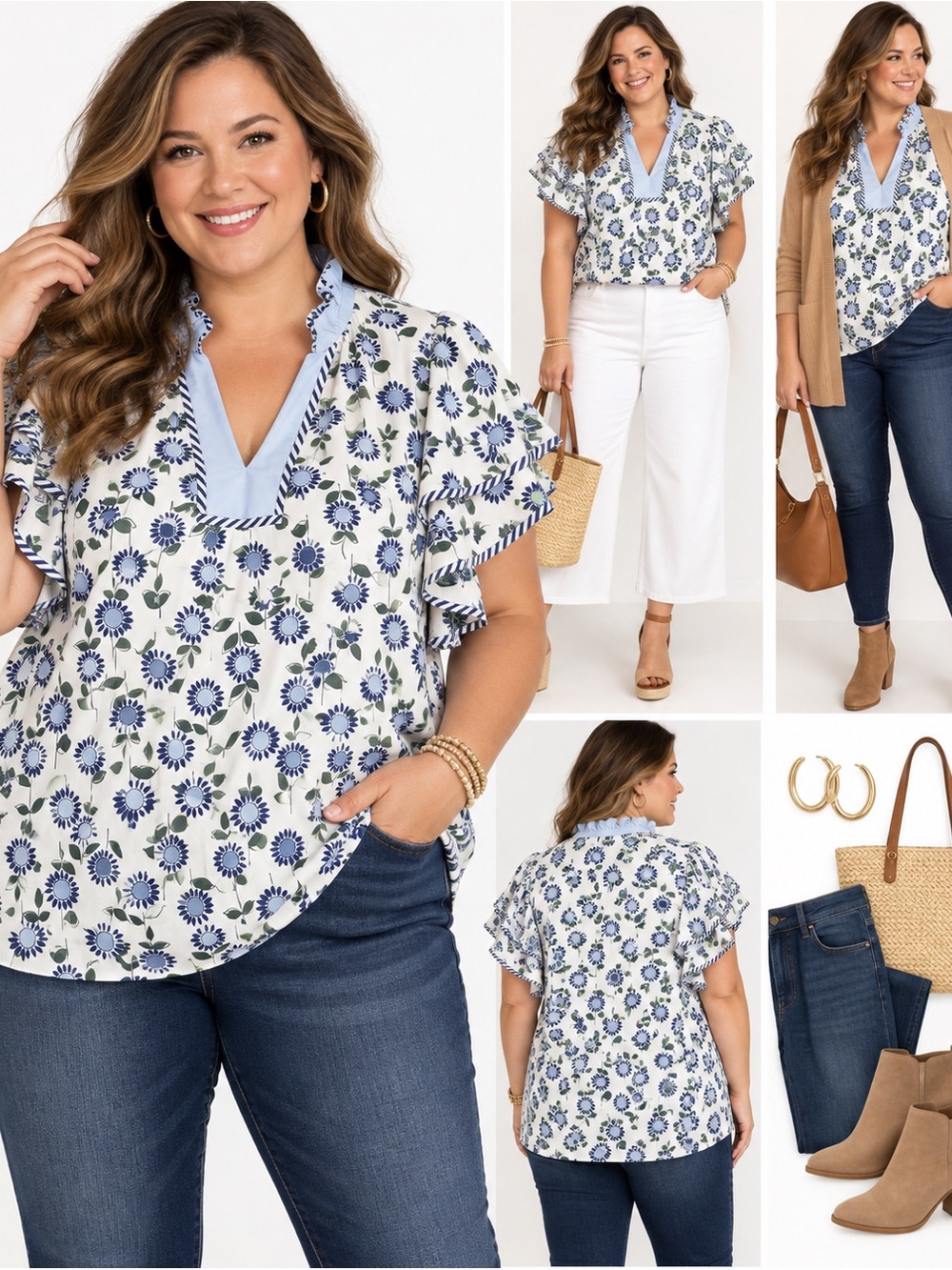 Size XXL Blue and White Floral V-Neck Ruffle Sleeve Blouse
